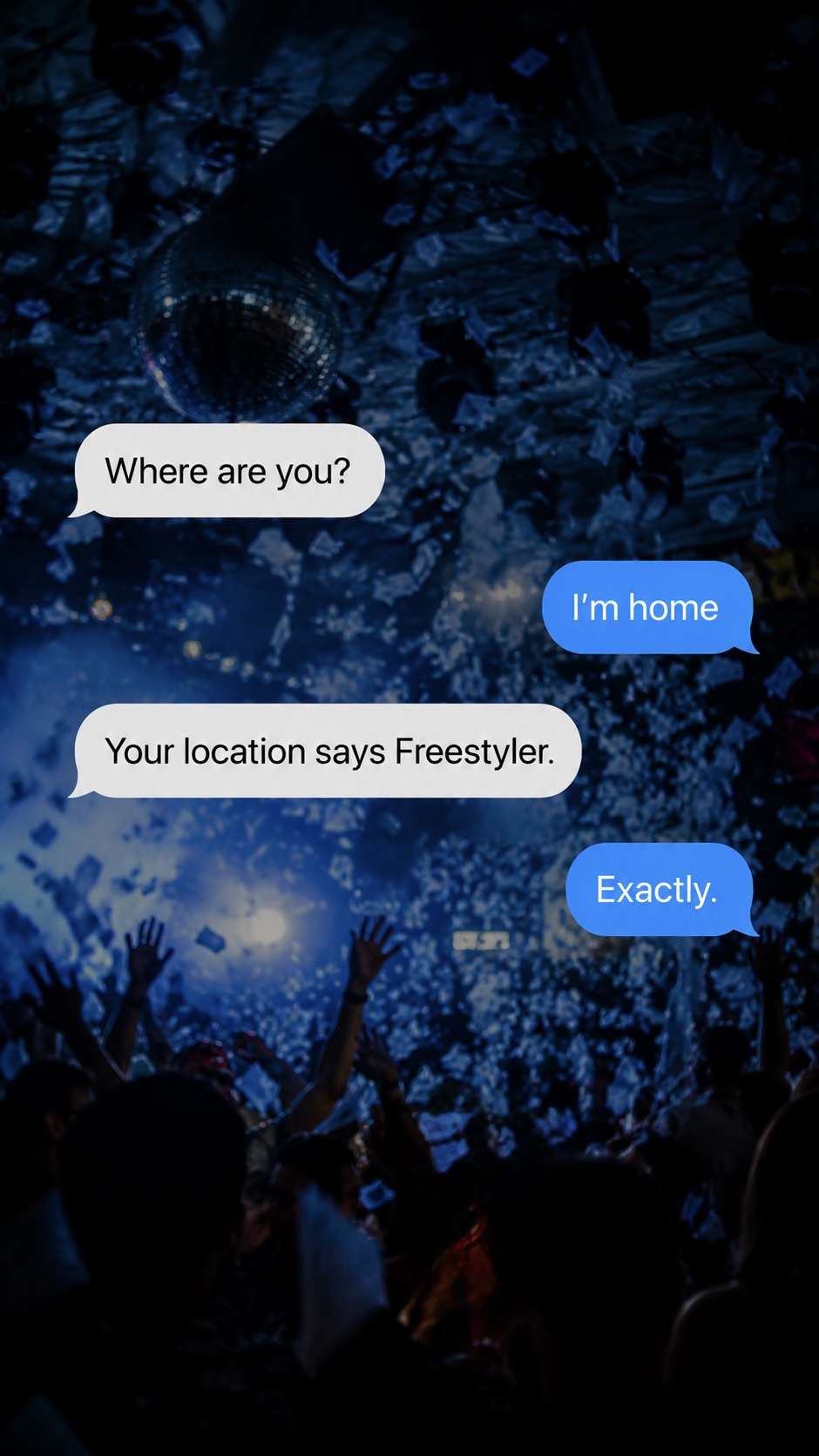 Freestyler club Instagram story with a chat-message overlay